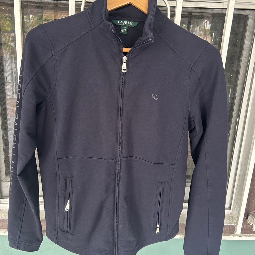 Ralph Lauren mock neck jacket in navy blue full zip pocket monogram sz large - Picture 8 of 11